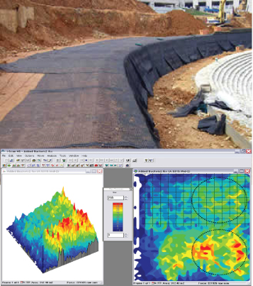 Figure 1: The top half of the pressure mapping image shows uniform sand pressure distribution of the geogrid, while the bottom shows the sand pressure distribution without the geogrid.