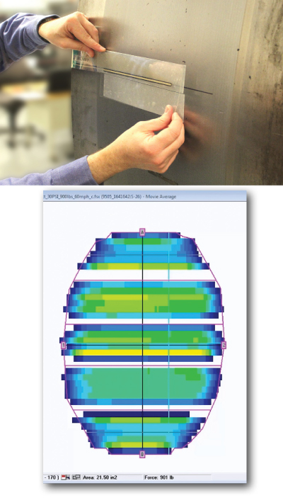 Figure 1: As shown above, the High Speed TireScan mounted to a tire testing drum can capture multiple passes of the tire at high speeds. The tire footprint image shows an average tread variation across a tire after a long test duration.